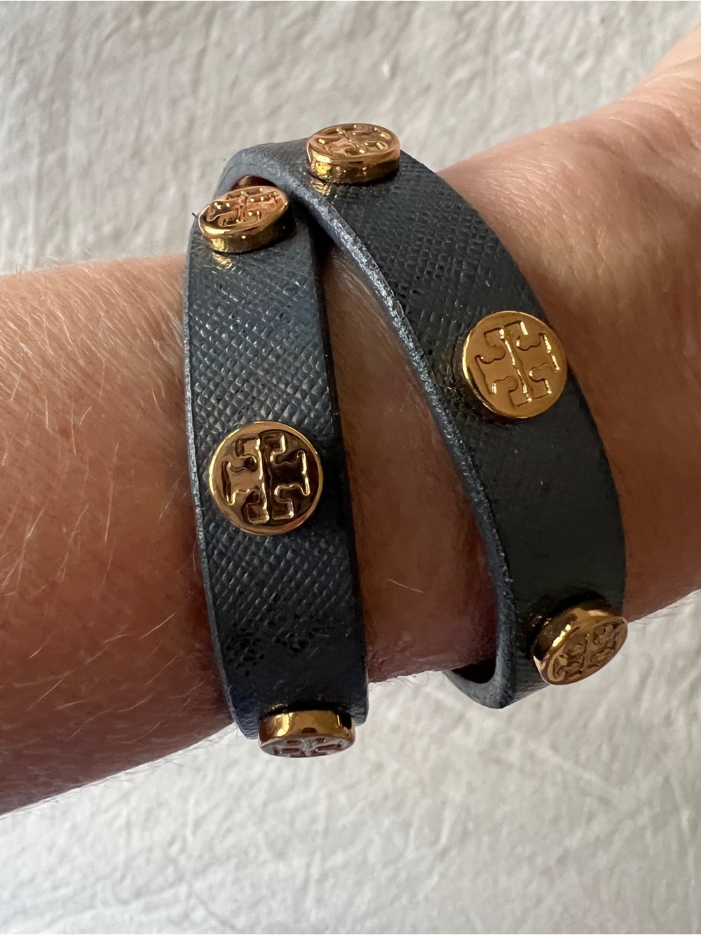 Tory Burch Dark Gray Double-Wrap Bracelet with Gold Logo Studs
